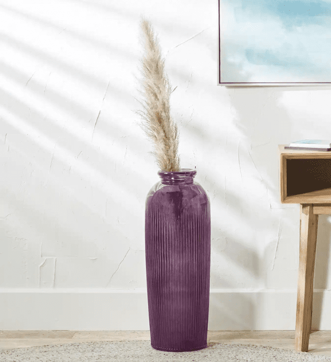 Tall Purple Ribbed Recycled Glass Floor Vase